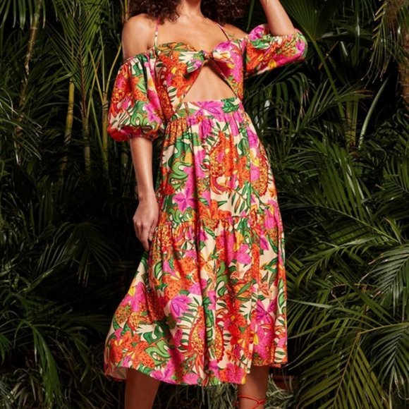 tie neck off shoulder puff sleeve cutout tropical print dress vacay summer cute - Picture 5 of 7